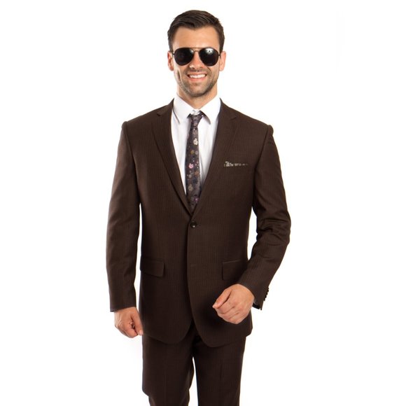 Modern Fit Pinstriped Mens 2-Piece Suit Set, Brown - Picture 1 of 6